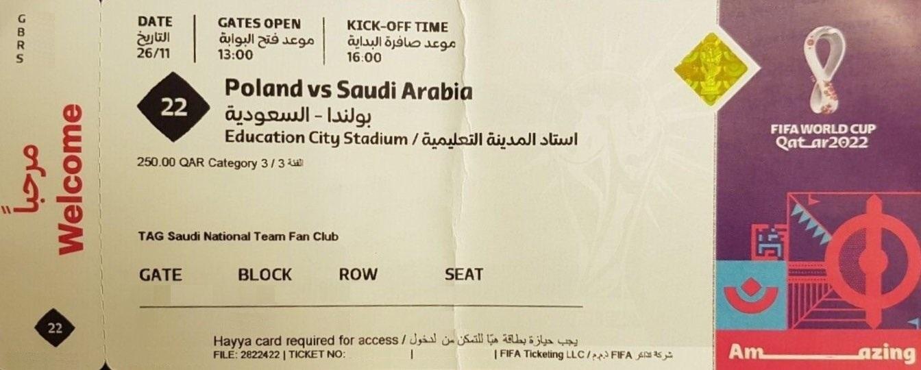 Bilet z meczu Polska - Arabia Saudyjska 2:0 (26.11.2022)
