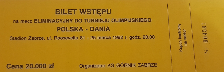 Bilet Polska - Dania 1:1 (25.03.1992)