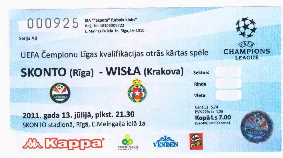 Bilet Skonto Ryga - Wisła Kraków 0:1 (13.07.2011)