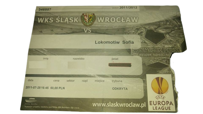 Bilet Śląsk Wrocław - Lokomotiw Sofia 0:0 (28.07.2011)
