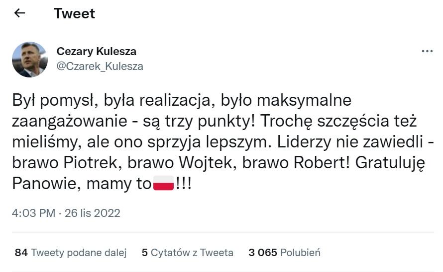 Twitt Cezary Kulesza po meczu Polska - Arabia Saudyjska 2:0 (26.11.2022)