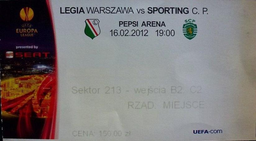 Bilet z meczu Legia Warszawa - Sporting Lizbona 2:2 (16.02.2012)