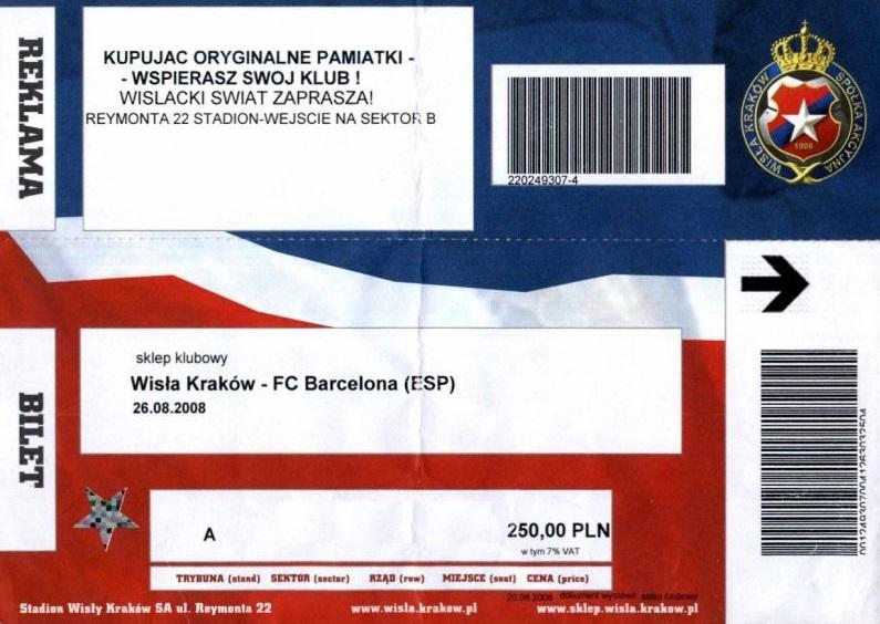 Bilet Wisła Kraków - FC Barcelona 1:0 (26.08.2008)