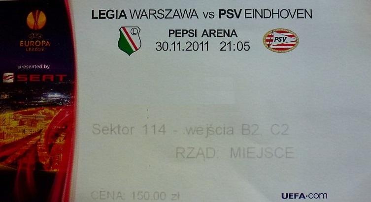 Bilet z meczu Legia Warszawa - PSV Eindhoven 0:3 (30.11.2011)