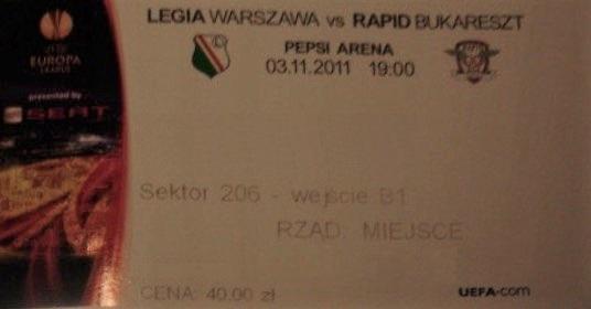 Bilet z meczu Legia Warszawa - Rapid Bukareszt 3:1 (03.11.2011)