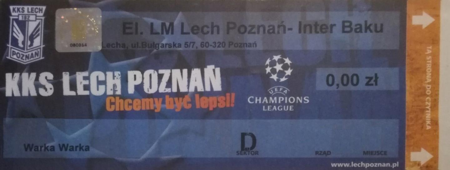 Bilet z meczu Lech Poznań - Inter Baku 0:1 pd. k. 9-8 (21.07.2010)