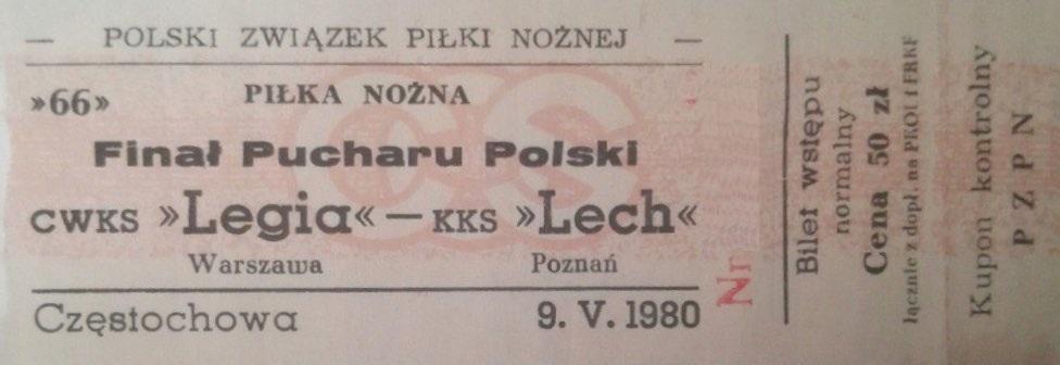 Bilet z meczu Legia Warszawa - Lech Poznań 5:0 (09.05.1980)