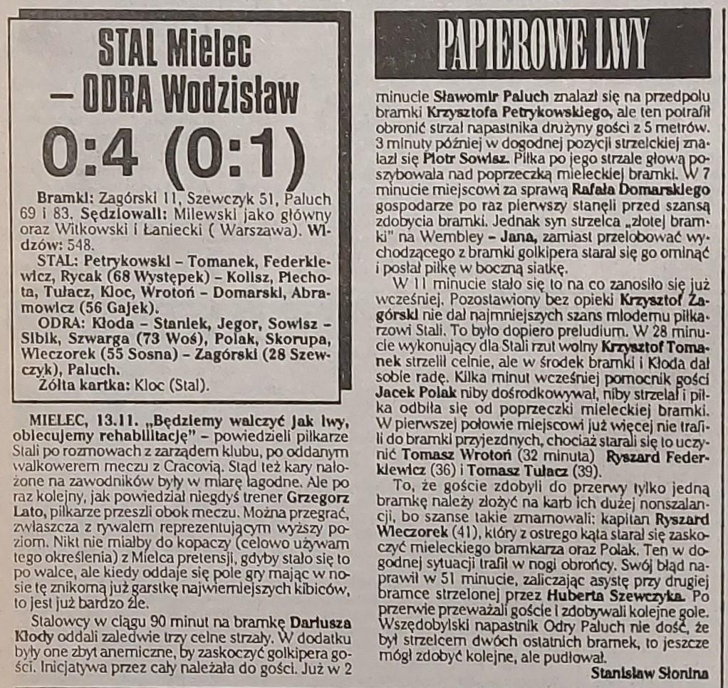 Stal Mielec - Odra Wodzisław Śląski 0:4 (13.11.1996) Przegląd Sportowy