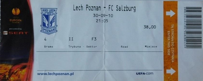 Bilet z meczu Lech Poznań - FC Salzburg 2:0 (30.09.2010)