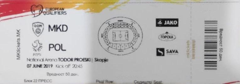 Bilet z meczu Macedonia Północna - Polska 0:1 (07.06.2019)