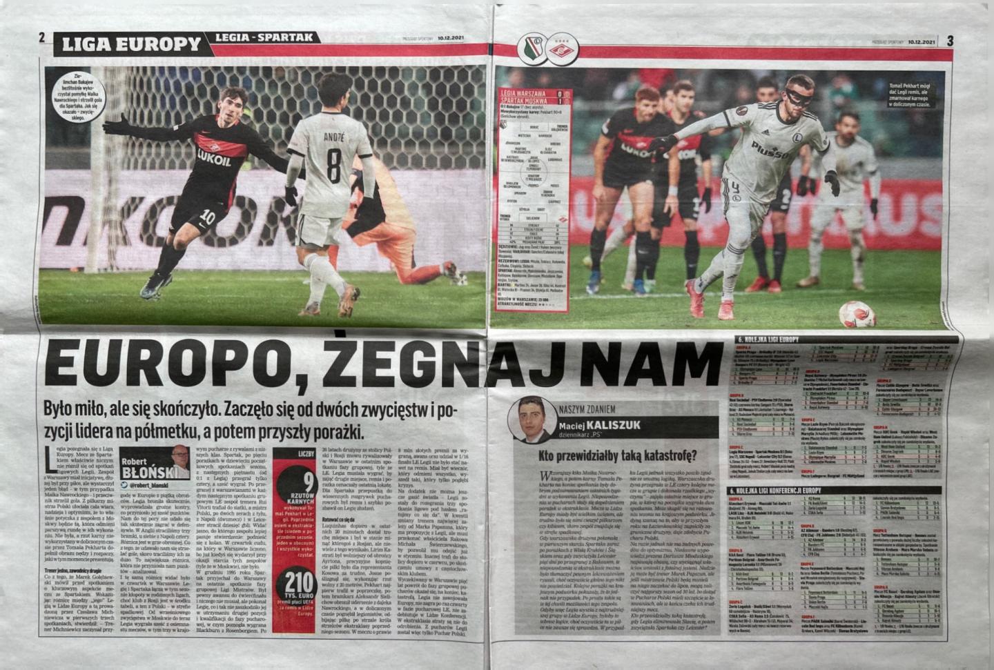 Przegląd Sportowy po meczu Legia Warszawa - Spartak Moskwa 0:1 (09.12.2021)