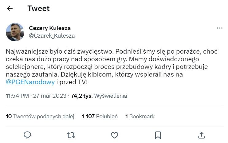Twitt Cezarego Kuleszy po meczu Polska - Albania 1:0 (27.03.2023)