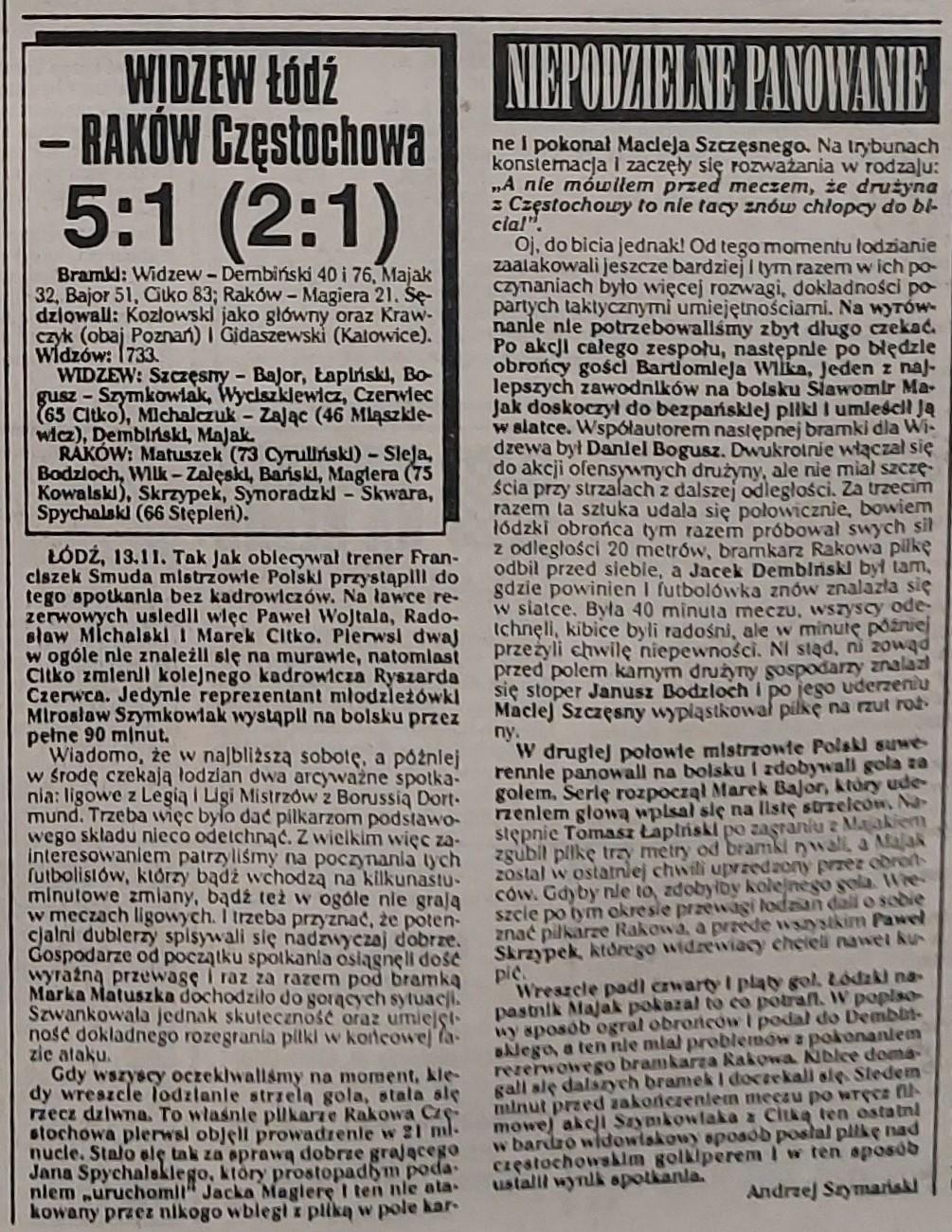 Widzew Łódź - Raków Częstochowa 5:1 (13.11.1996) Przegląd Sportowy