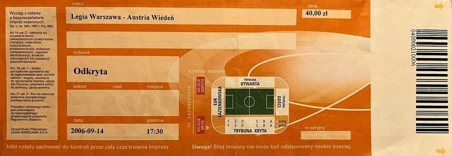 Bilet z meczu Legia Warszawa - Austria Wiedeń 1:1 (14.09.2006)