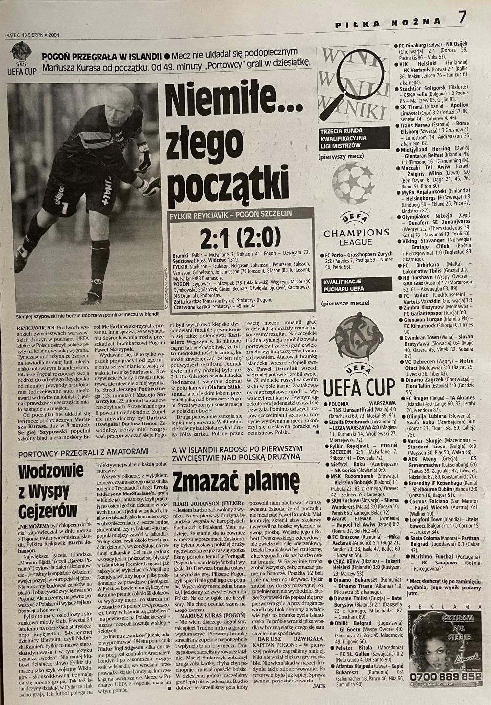 Przegląd Sportowy po meczu Fylkir Reykjavík - Pogoń Szczecin (9.08.2001)