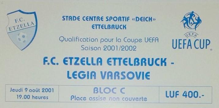 Bilet z meczu Etzella Ettelbruck - Legia Warszawa 0:4 (09.08.2001)