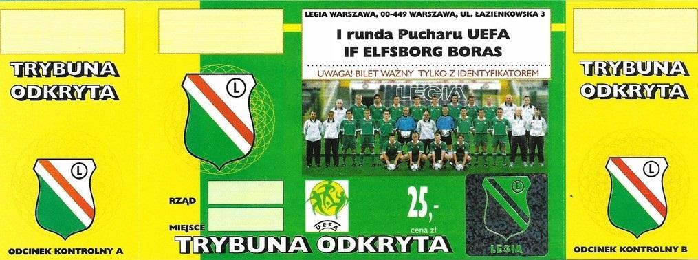 Bilet z meczu Legia Warszawa - IF Elfsborg 4:1 (20.09.2001)