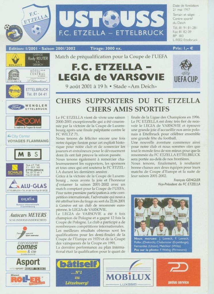 Program meczowy Etzella Ettelbruck - Legia Warszawa 0:4 (09.08.2001)