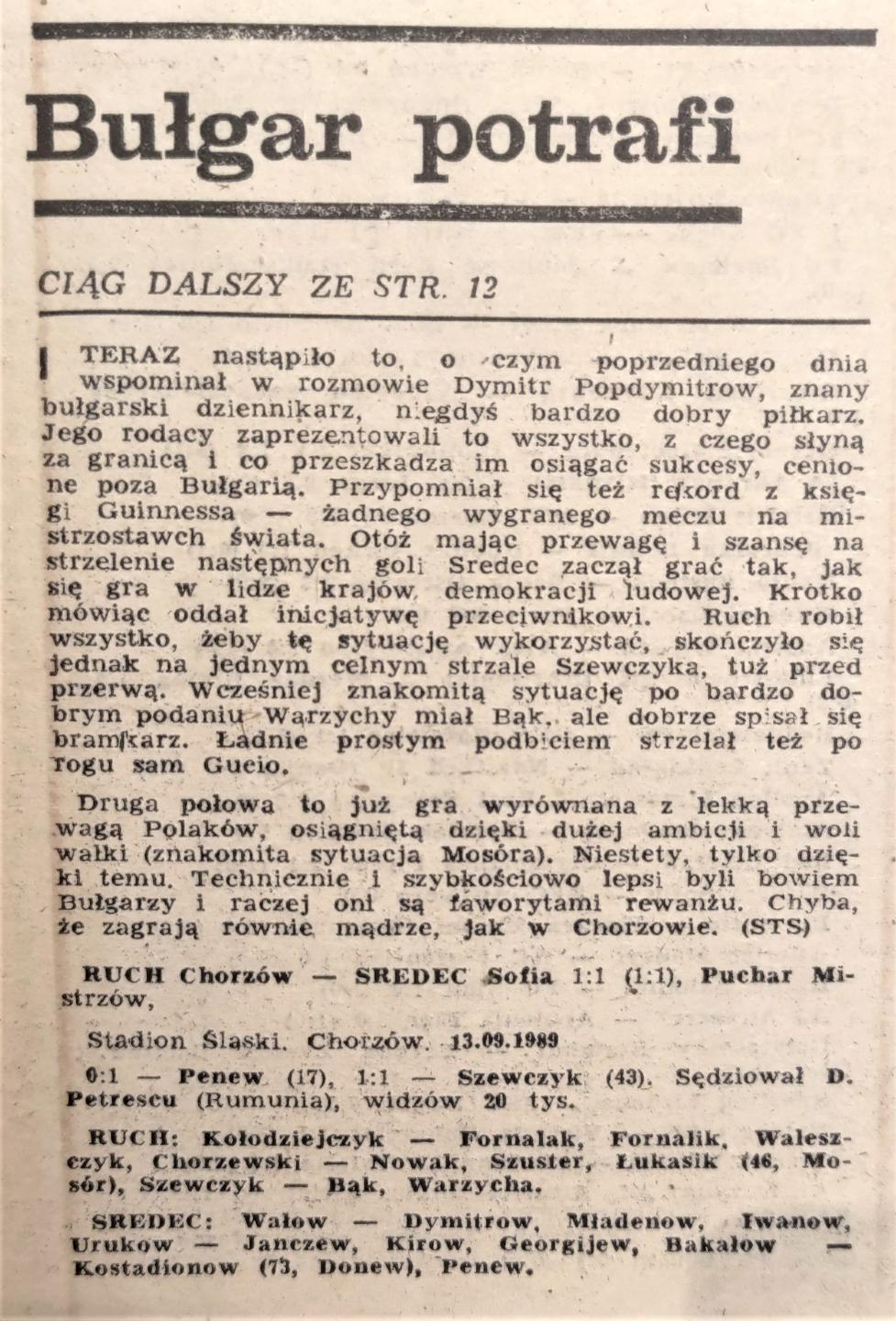 Piłka Nożna po meczu Ruch Chorzów - Sredec Sofia 1:1 (13.09.1989)