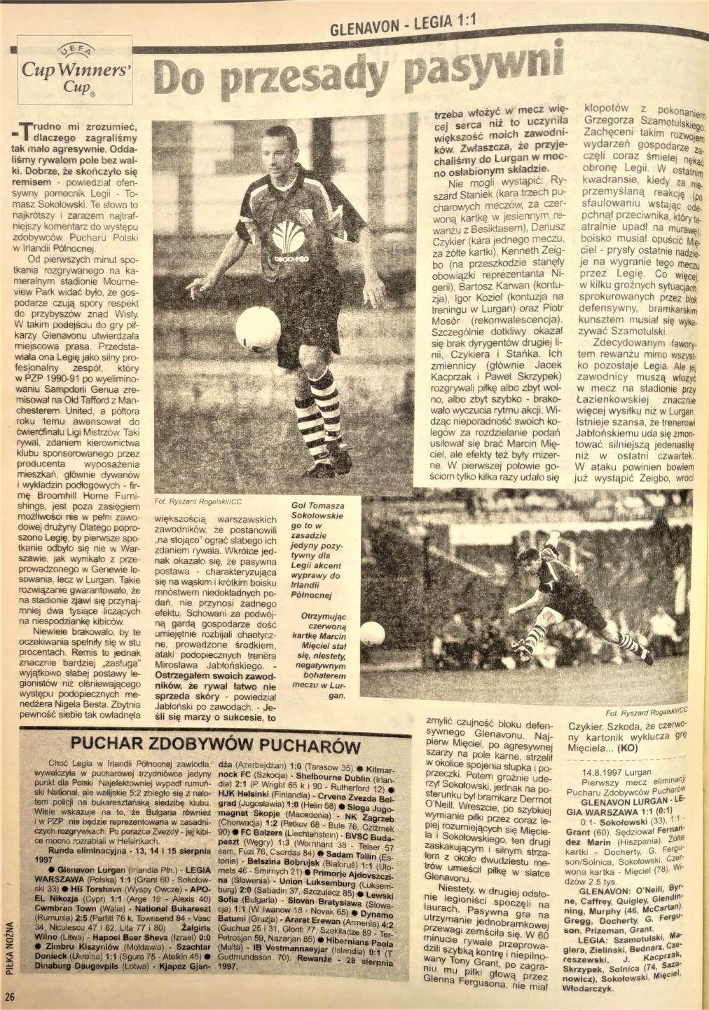 Piłka Nożna po meczu Glenavon FC - Legia Warszawa 1:1 (14.08.1997)