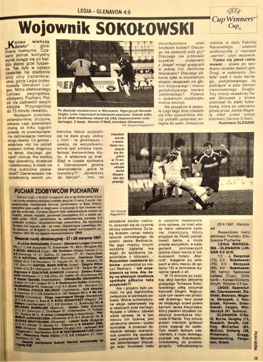 Piłka Nożna po meczu Legia Warszawa - Glenavon FC 4:0 (28.08.1997)