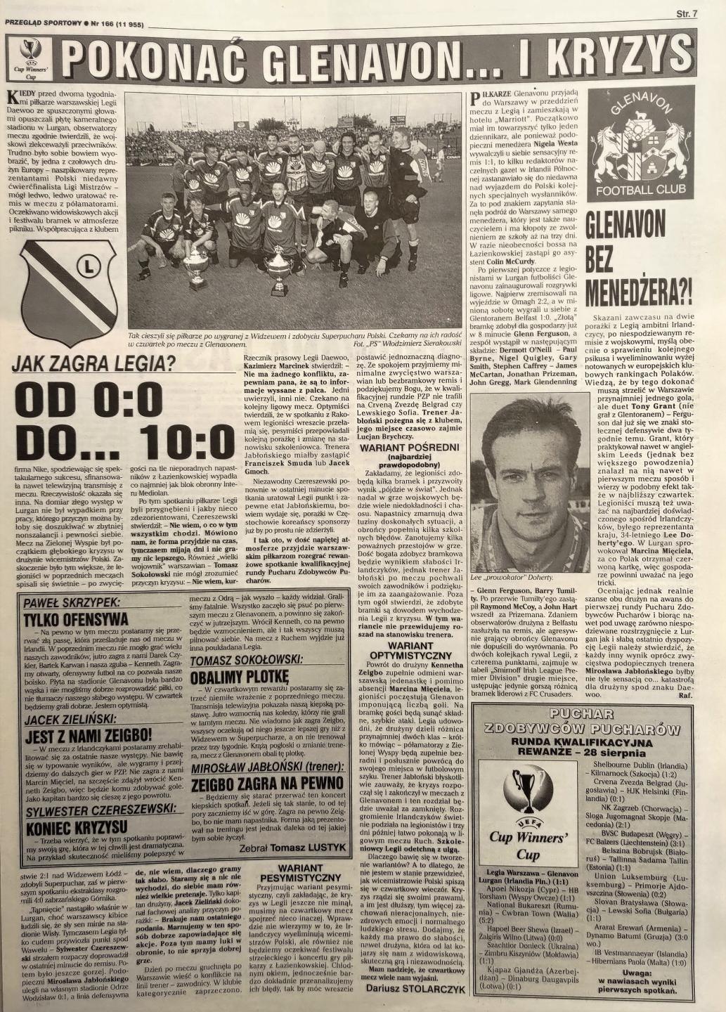 Przegląd Sportowy przed meczem Legia Warszawa - Glenavon FC 4:0 (28.08.1997)