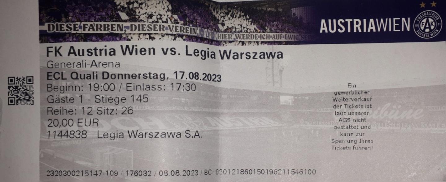 Bilet z meczu Austria Wiedeń - Legia Warszawa 3:5 (17.08.2023)