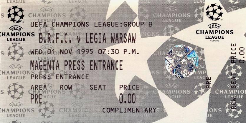 Bilet z meczu Blackburn Rovers - Legia Warszawa 0:0 (01.11.1995)