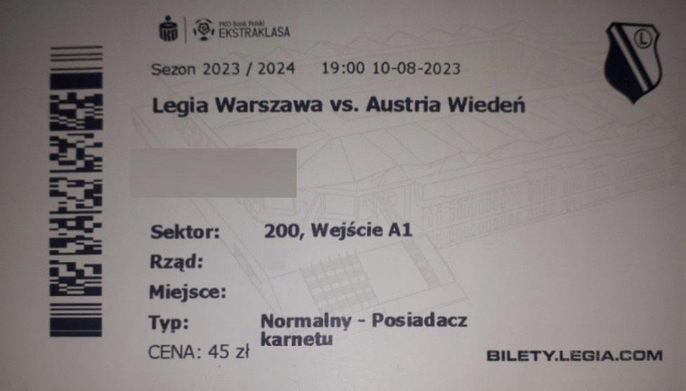 Bilet z meczu Legia Warszawa - Austria Wiedeń 1:2 (10.08.2023)