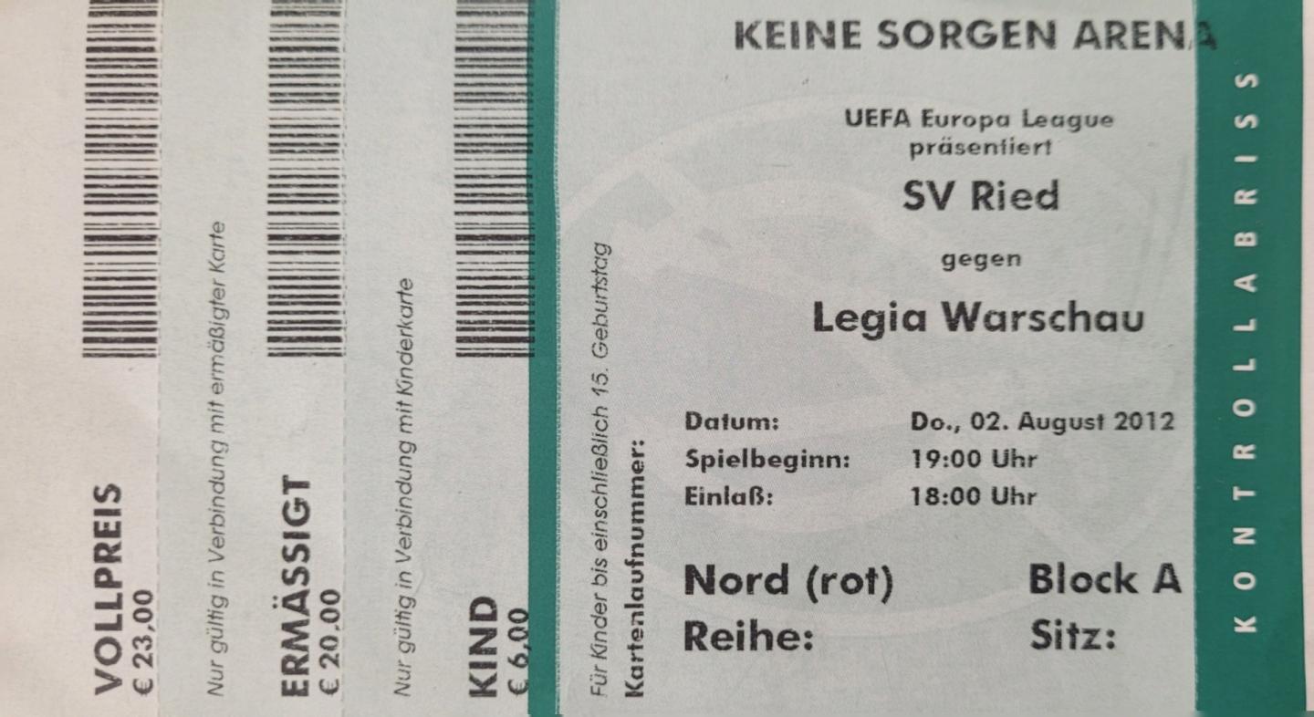 Bilet z meczu SV Ried - Legia Warszawa 2:1 (02.08.2012)
