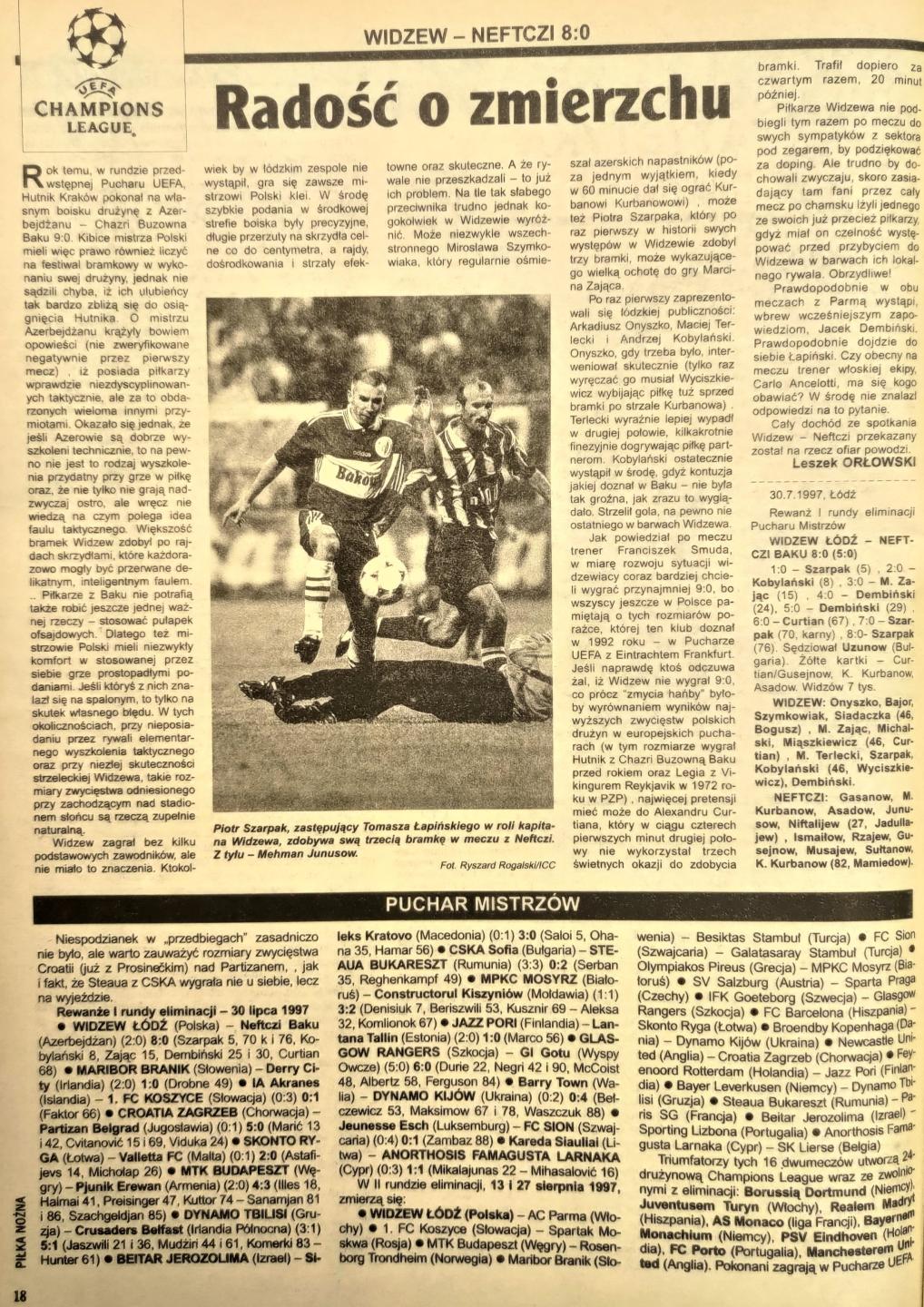 Widzew Łódź - Neftçi Baku 8:0 (30.07.1997) Piłka Nożna