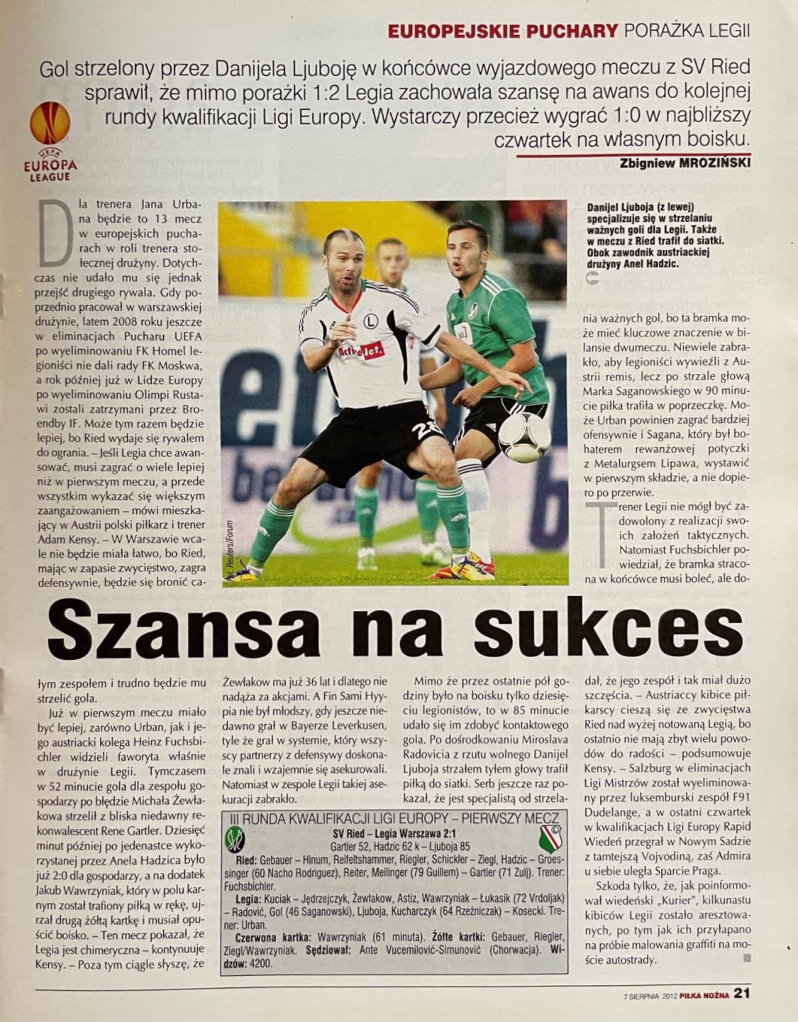 Piłka Nożna SV Ried - Legia Warszawa 2:1 (02.08.2012)