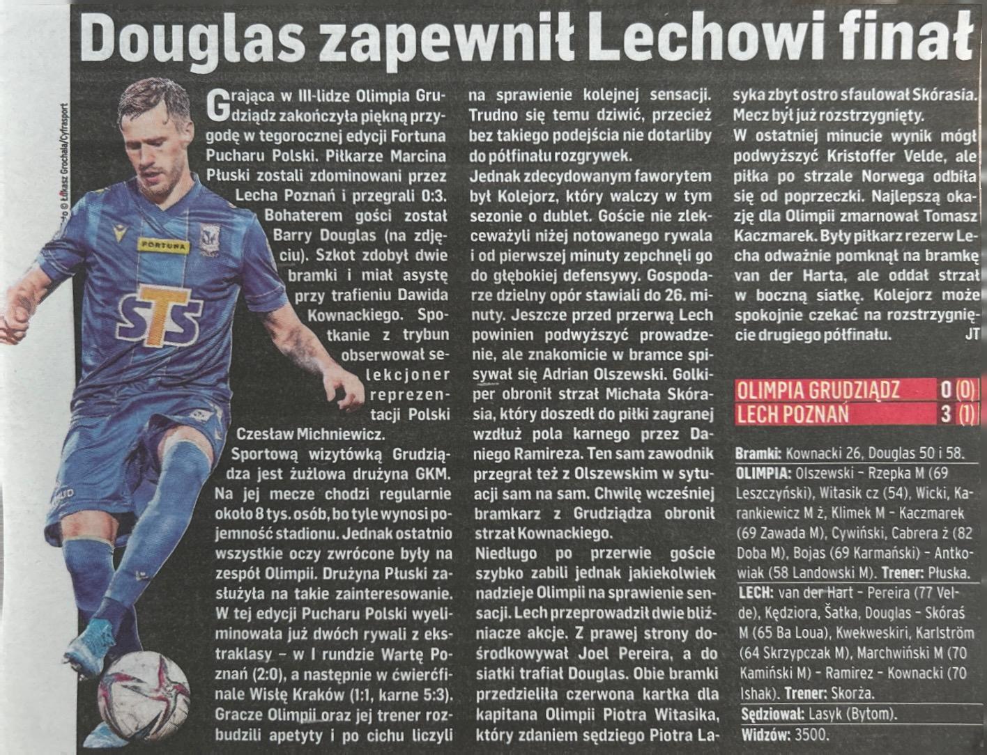 Przegląd Sportowy po meczu Olimpia Grudziądz - Lech Poznań 0:3 (05.04.2022)