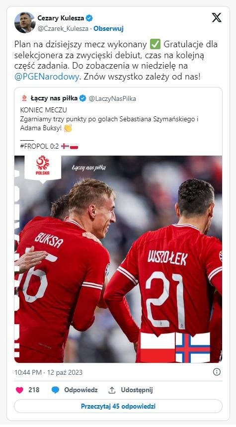 Twitt Cezarego Kuleszy po meczu Wyspy Owcze - Polska 0:2 (12.10.2023)