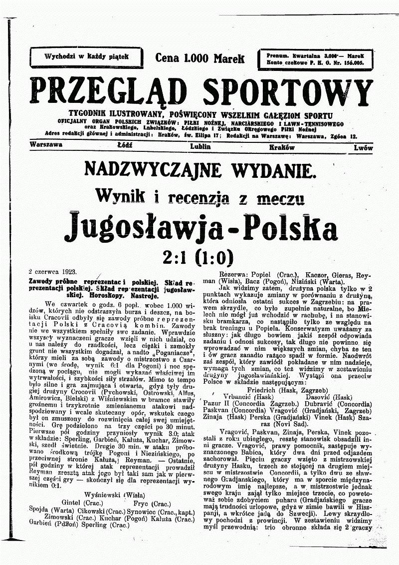 Przegląd Sportowy po meczu Polska - Jugosławia 2:1 (03.06.1923)