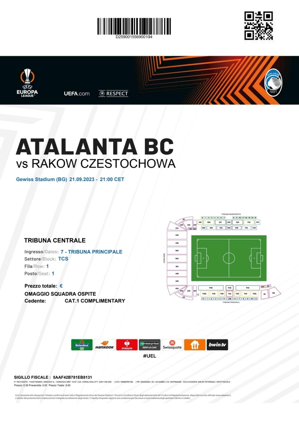 Atalanta Bergamo - Raków Częstochowa 2:0, 21.09.2023 bilet