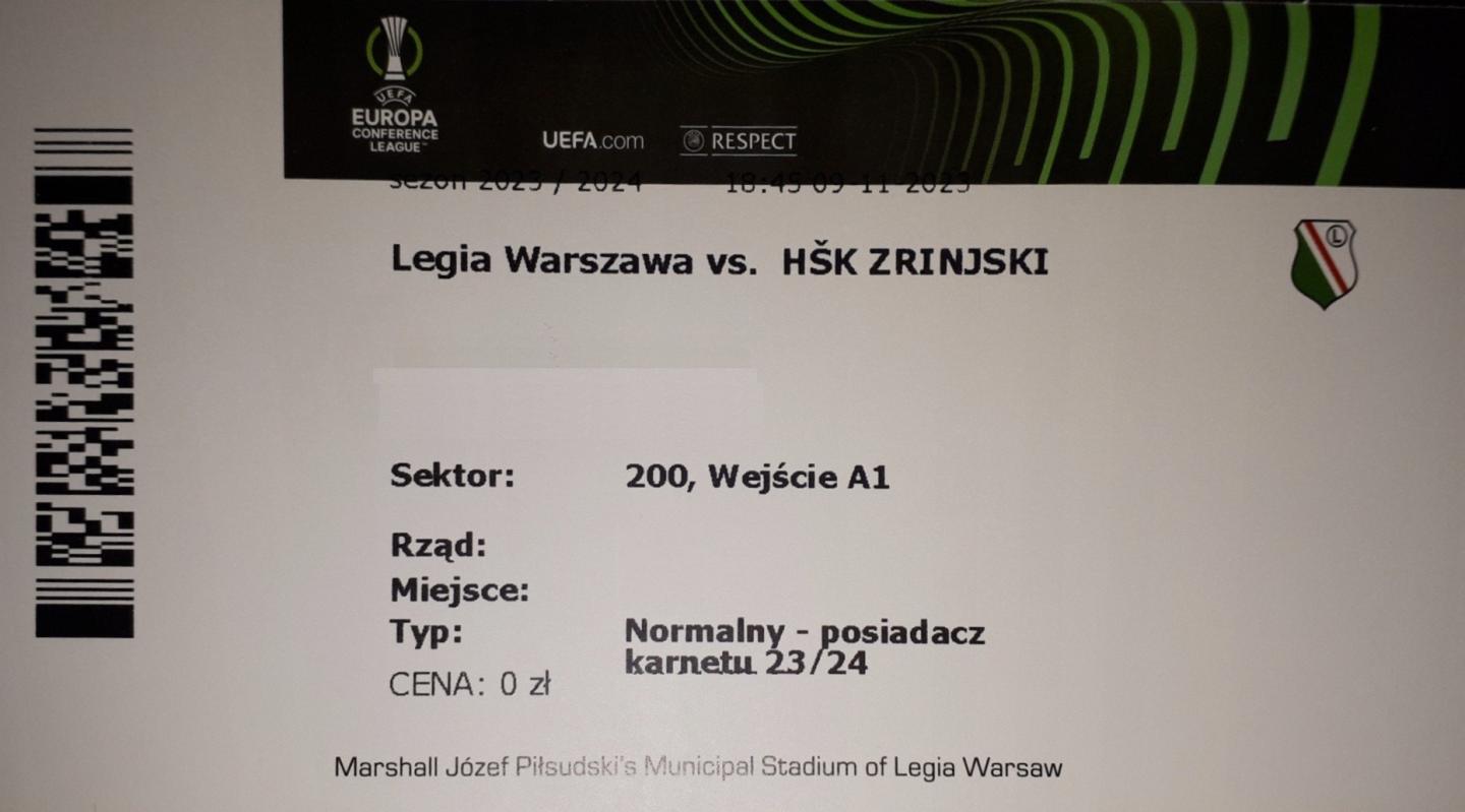 Bilet z meczu Legia Warszawa - Zrinjski Mostar 2:0 (09.11.2023)