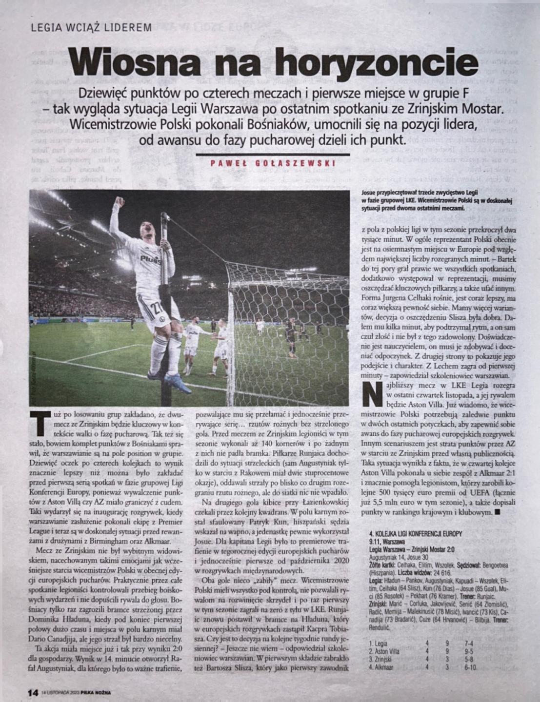Piłka Nożna po meczu Legia Warszawa - Zrinjski Mostar 2:0 (09.11.2023)