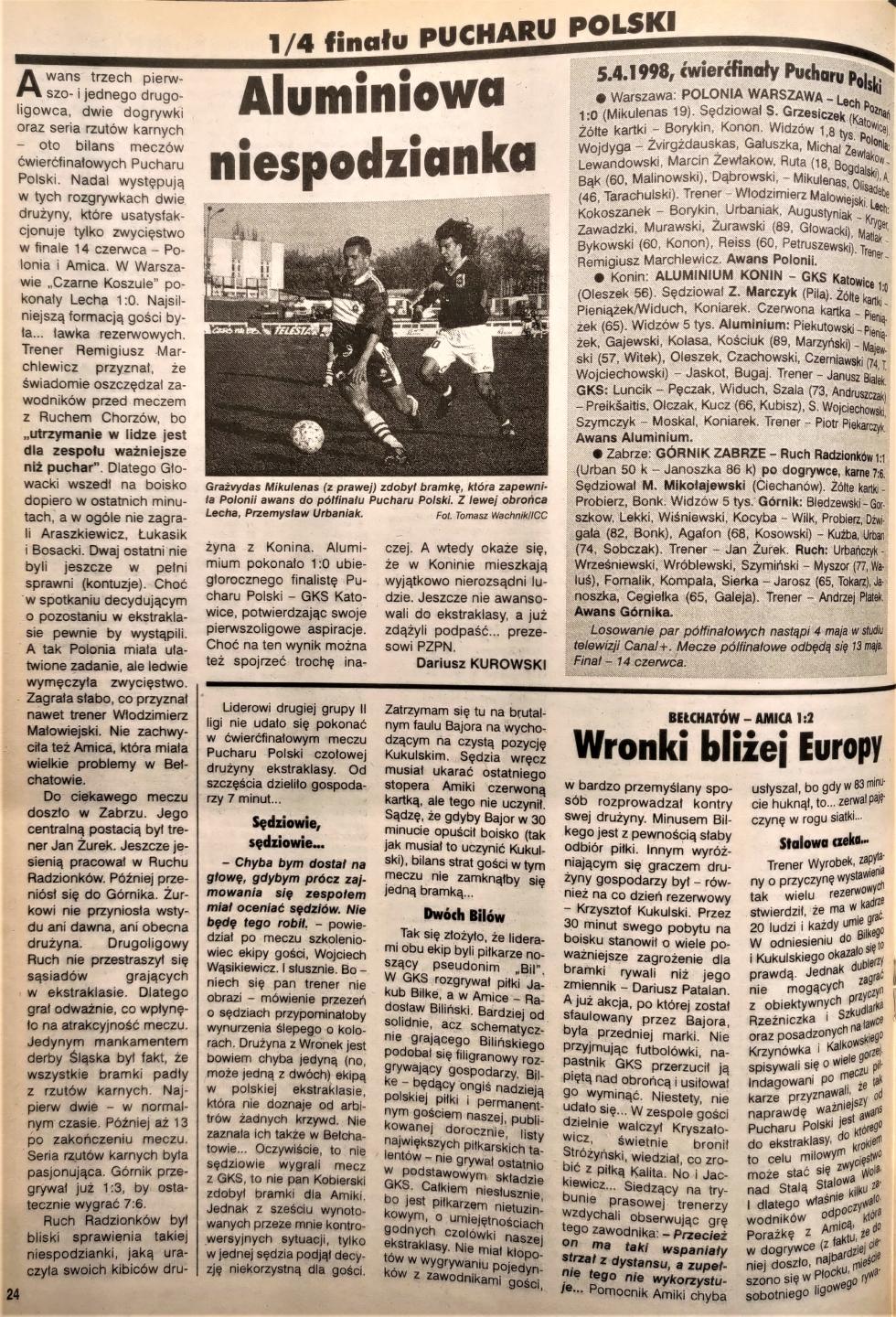 Piłka nożna po meczu Górnik Zabrze - Ruch Radzionków 1:1, k. 7-6, 15.04.1998