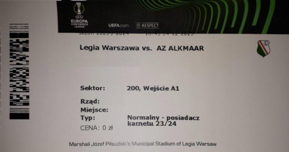 Bilet z meczu Legia Warszawa - AZ Alkmaar 2:0 (14.12.2023)