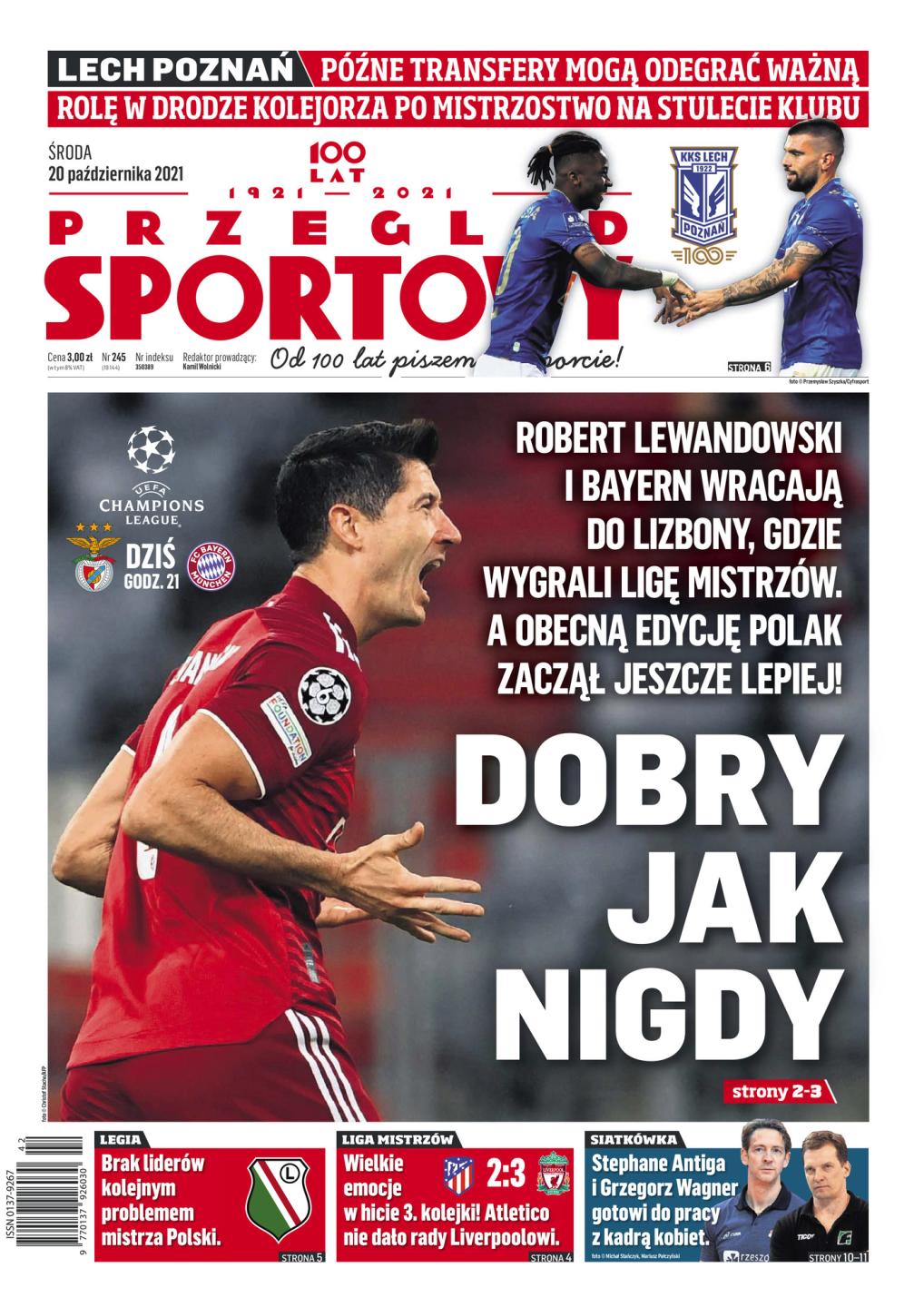 Okładka Przegląd Sportowy przed meczem Benfica Lizbona - Bayern Monachium 0:4 (20.10.2021)