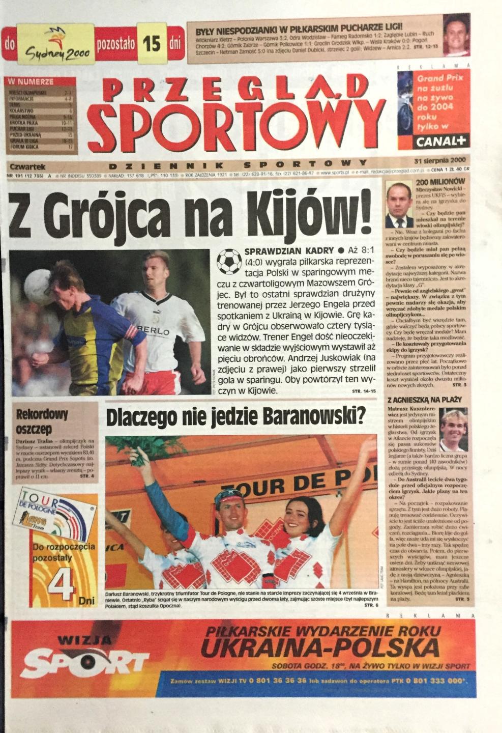 Przegląd Sportowy po meczu Mazowsze Grójec - Polska 1:8, 30.08.2000