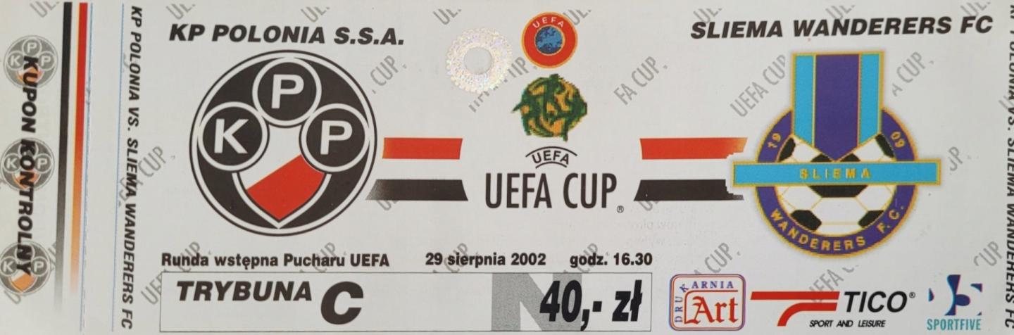 Bilet z meczu Polonia Warszawa - Sliema Wanderers 2:0 (29.08.2002)