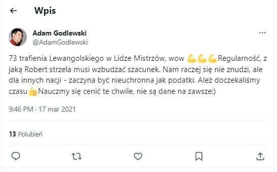 Twitt Adam Godlewski po meczu Bayern Monachium - Lazio Rzym 2:1 (17.03.2021)