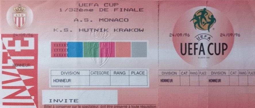 Bilet z meczu AS Monaco - Hutnik Kraków 3:1 (24.09.1996)