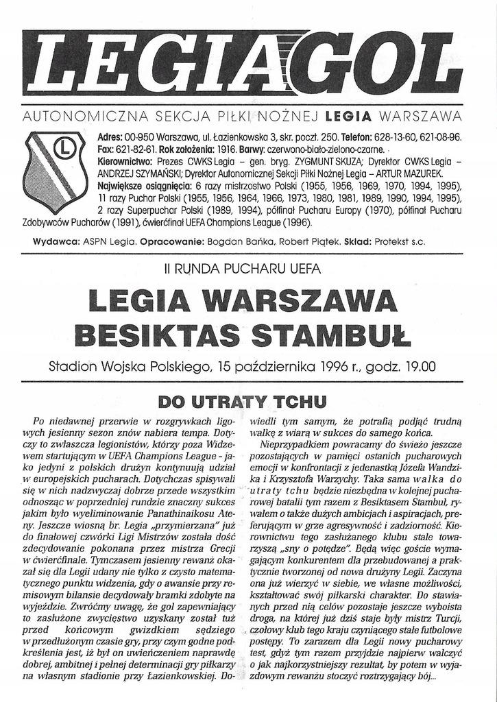 Program meczowy Legia Warszawa - Beşiktaş Stambuł 1:1 (15.10.1996)