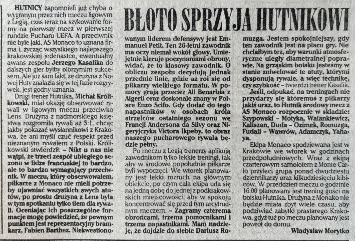 Przegląd Sportowy przed meczem Hutnik Kraków - AS Monaco 0:1 (11.09.1996)