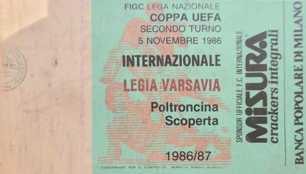 Bilet z meczu Inter Mediolan - Legia Warszawa 1:0 (05.11.1986)