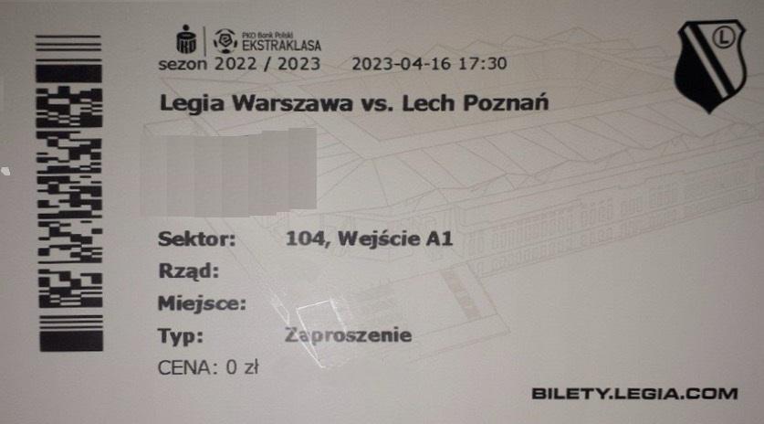 Bilet z meczu Legia Warszawa - Lech Poznań 2:2 (16.04.2023)