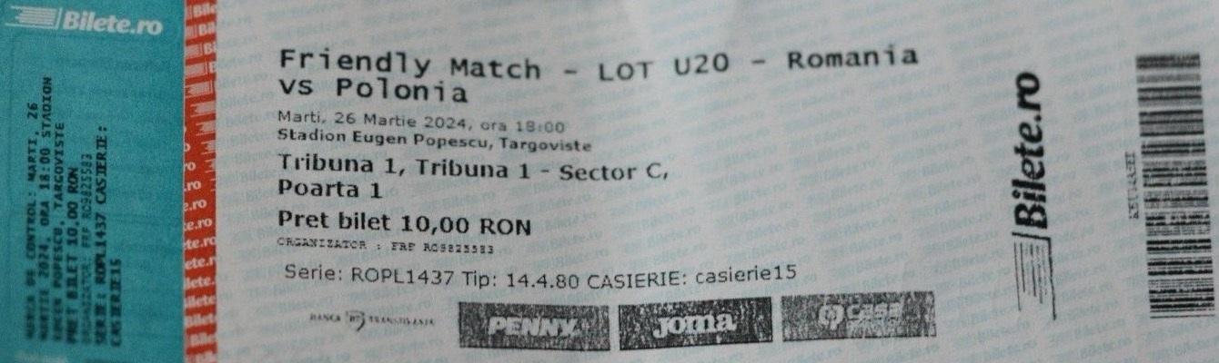 Bilet z meczu U20 Rumunia - Polska 1:1 (26.03.2024)